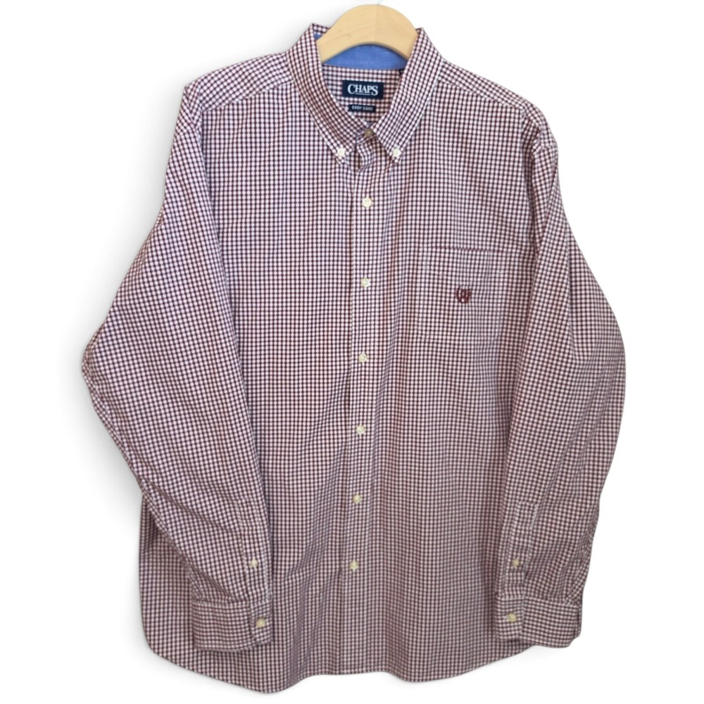 Chaps Shirt Mens XXL TT 2XLT Red White Gingham Easy Care Long Sleeve Button Down